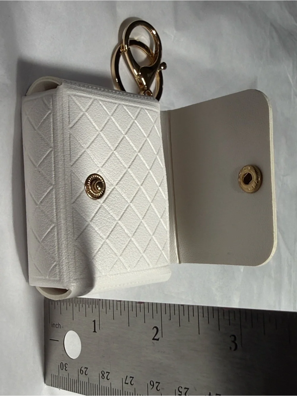 White Quilted Keychain & AirPod holder Gold Tone Hardware and Decorative Charms